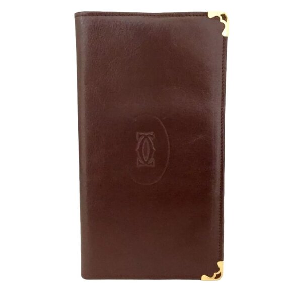 CARTIER: Burgundy, Leather & "Double C" Logo Long Checkbook Wallet #058 - Picture 1 of 6